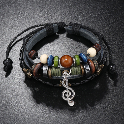 Simple multi-layer beaded leather bracelet personalized musical note pendant bracelet