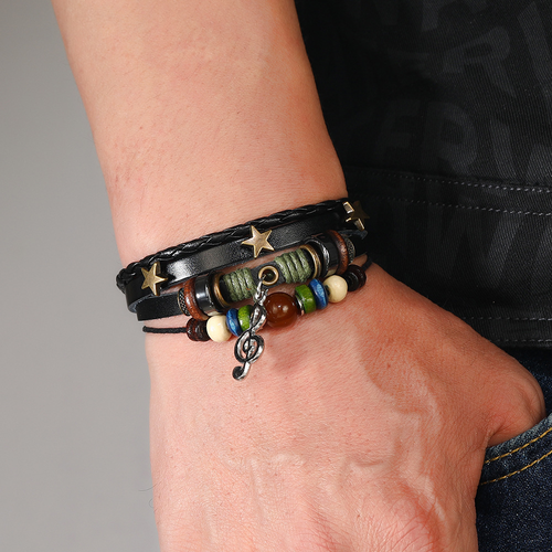 Simple multi-layer beaded leather bracelet personalized musical note pendant bracelet