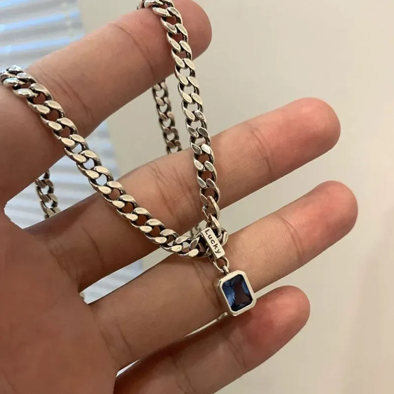 Blue zircon necklace for women niche design heavy simple thick chain lucky clavicle chain