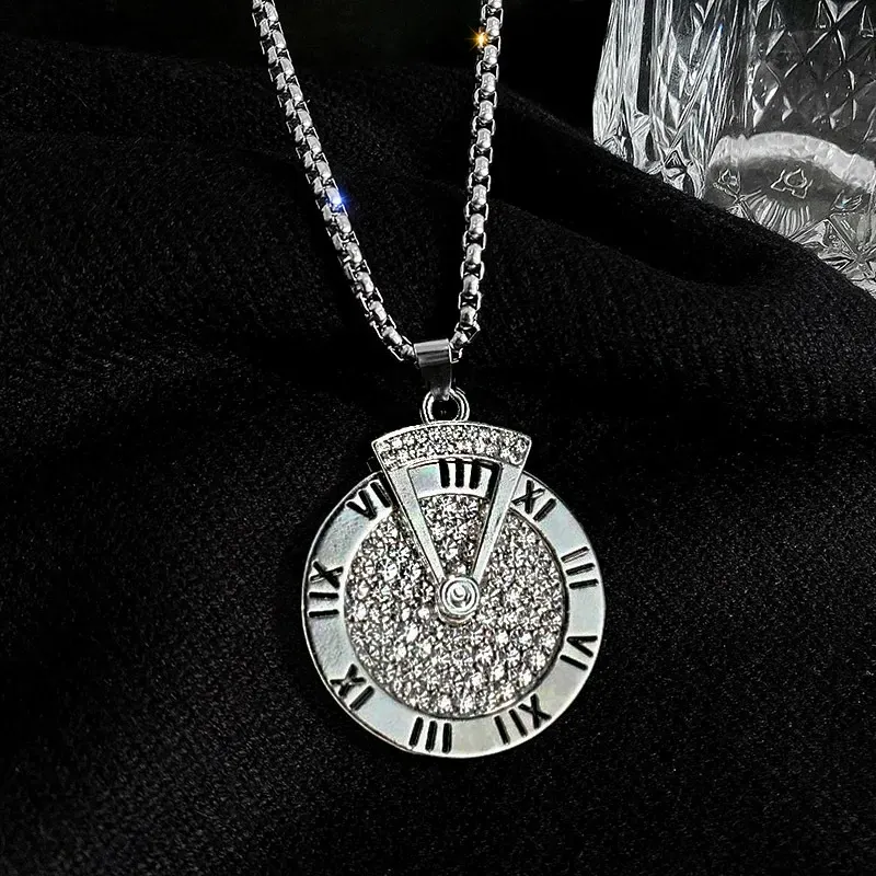 Roman numeral sweater chain, long necklace for men, hip-hop, versatile, rotating pendant