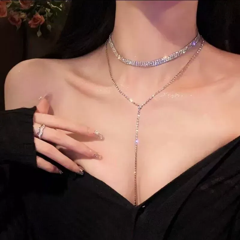 Rhinestone multi-layered necklace clavicle chain, tassel necklace jewelry