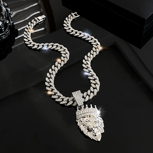Hot selling long necklace Cuban chain crown lion head necklace hip hop trendy men's accessories