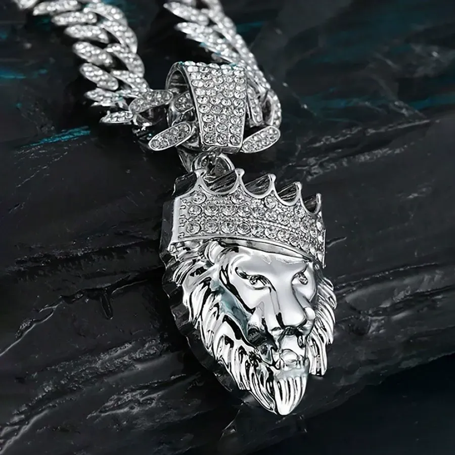 Hot selling long necklace Cuban chain crown lion head necklace hip hop trendy men's accessories
