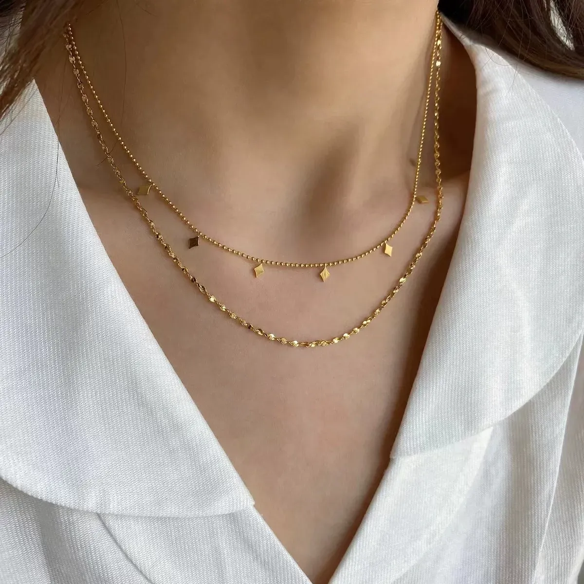 Light luxury double-layer diamond sequin titanium steel necklace, no fading