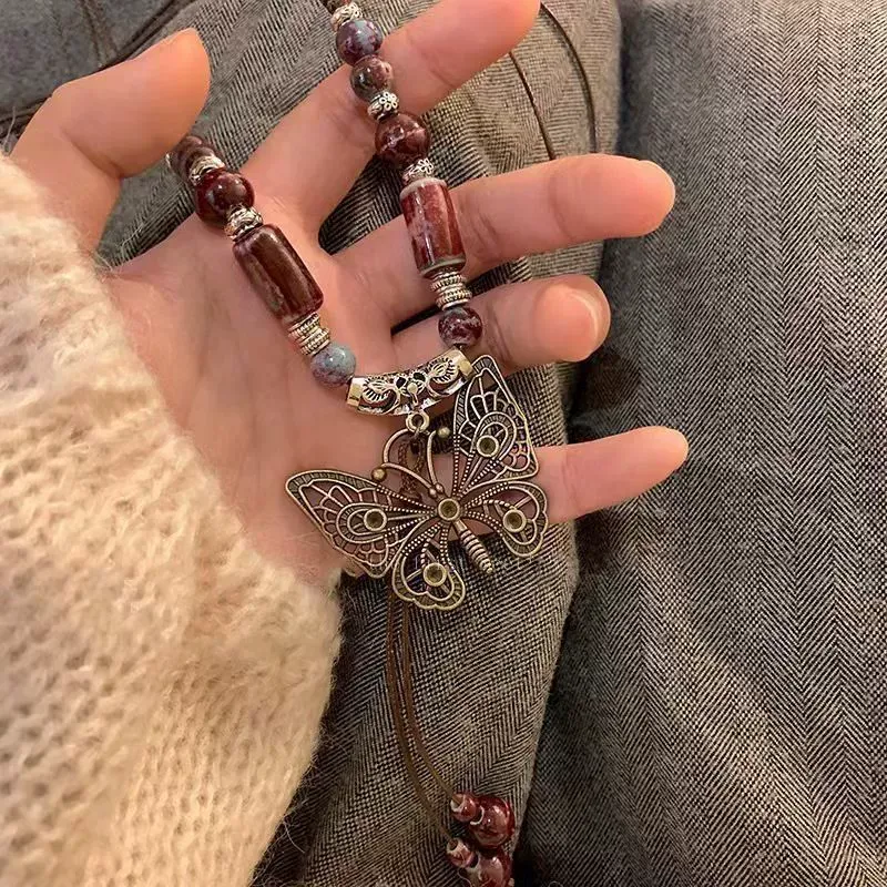 Retro Bohemian necklace, long ceramic butterfly pendant necklace