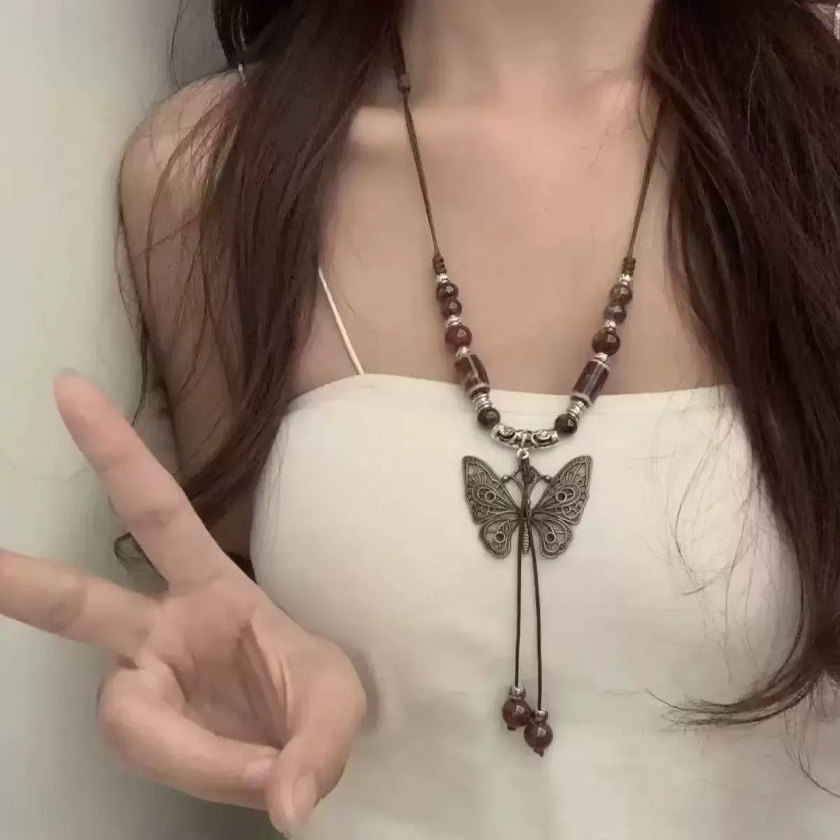 Retro Bohemian necklace, long ceramic butterfly pendant necklace