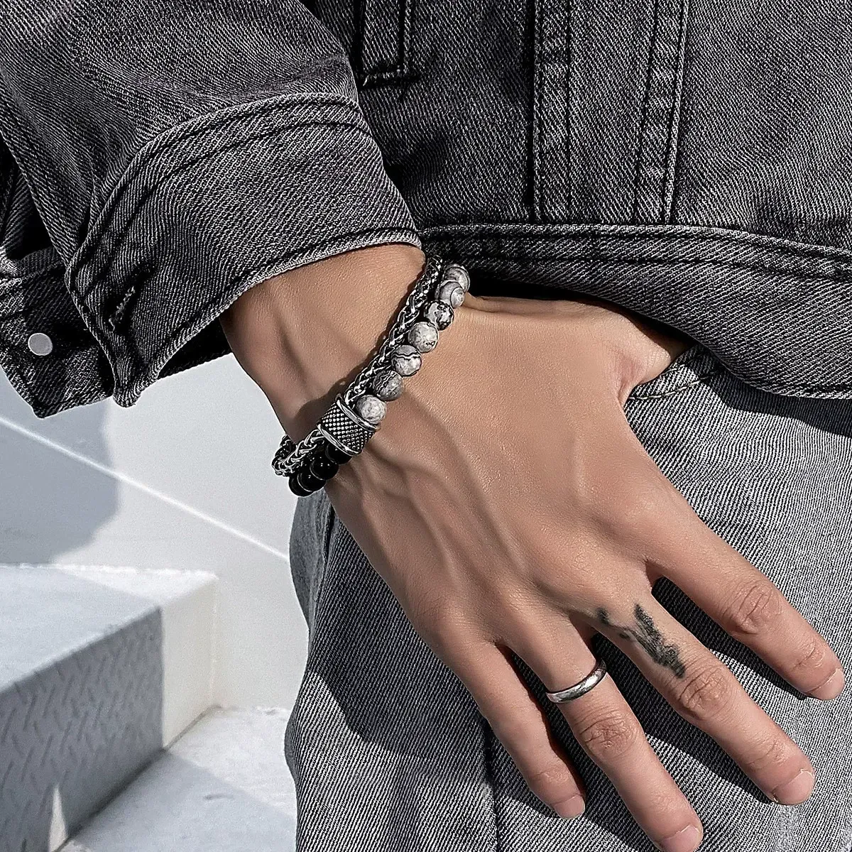 Hot selling double-layer beaded OT buckle lucky bead titanium steel bracelet
