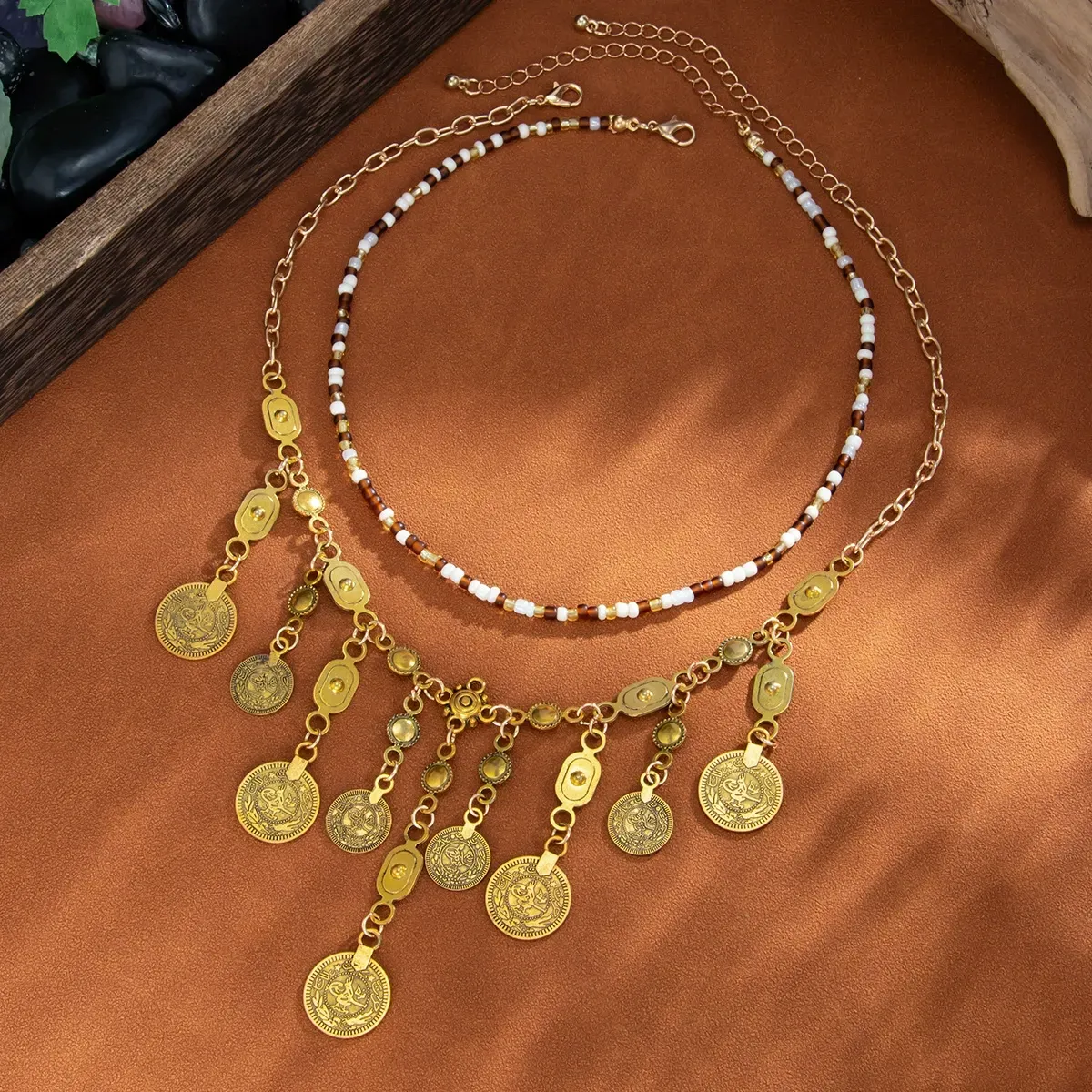 Bohemian pendant necklace, exotic rice bead necklace for women
