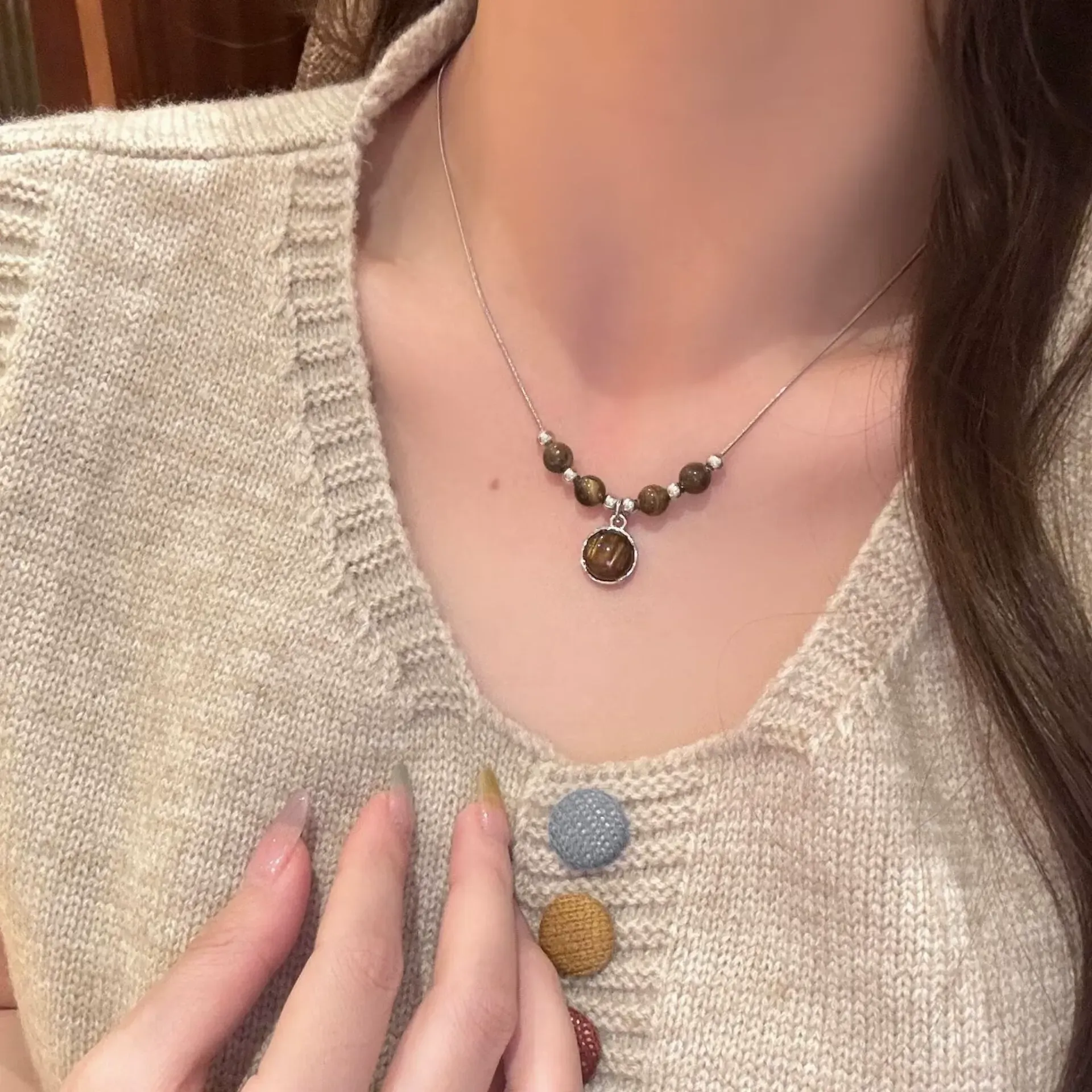 Vintage leather tiger eye necklace women's stacking choker necklace