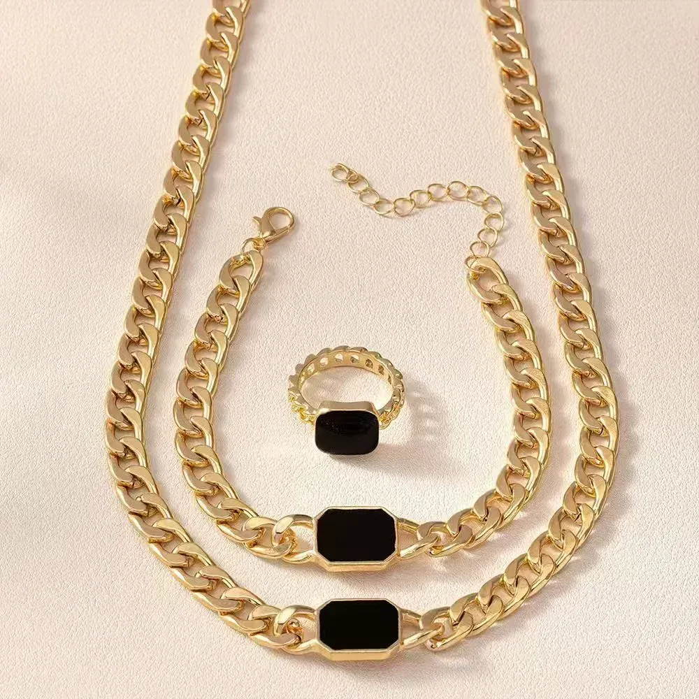 Temu hot-selling simple personality jewelry European and American exaggerated geometric square chain necklace bracelet ring 3-piece set