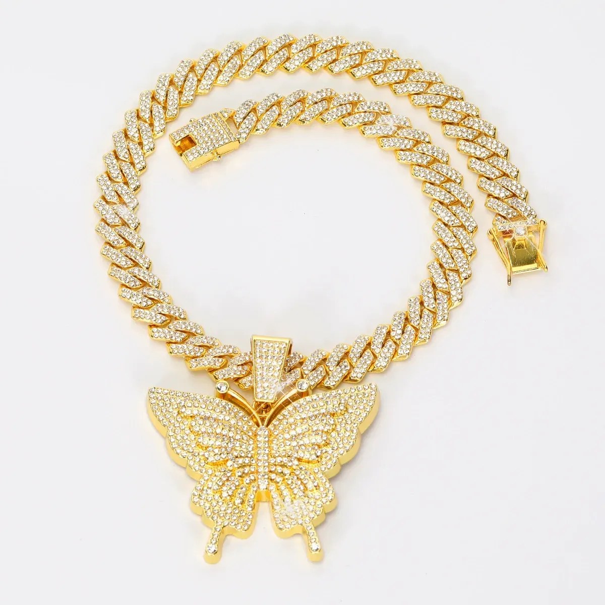 Hot hip-hop style necklace, European and American fashion alloy full diamond unisex butterfly Cuban chain