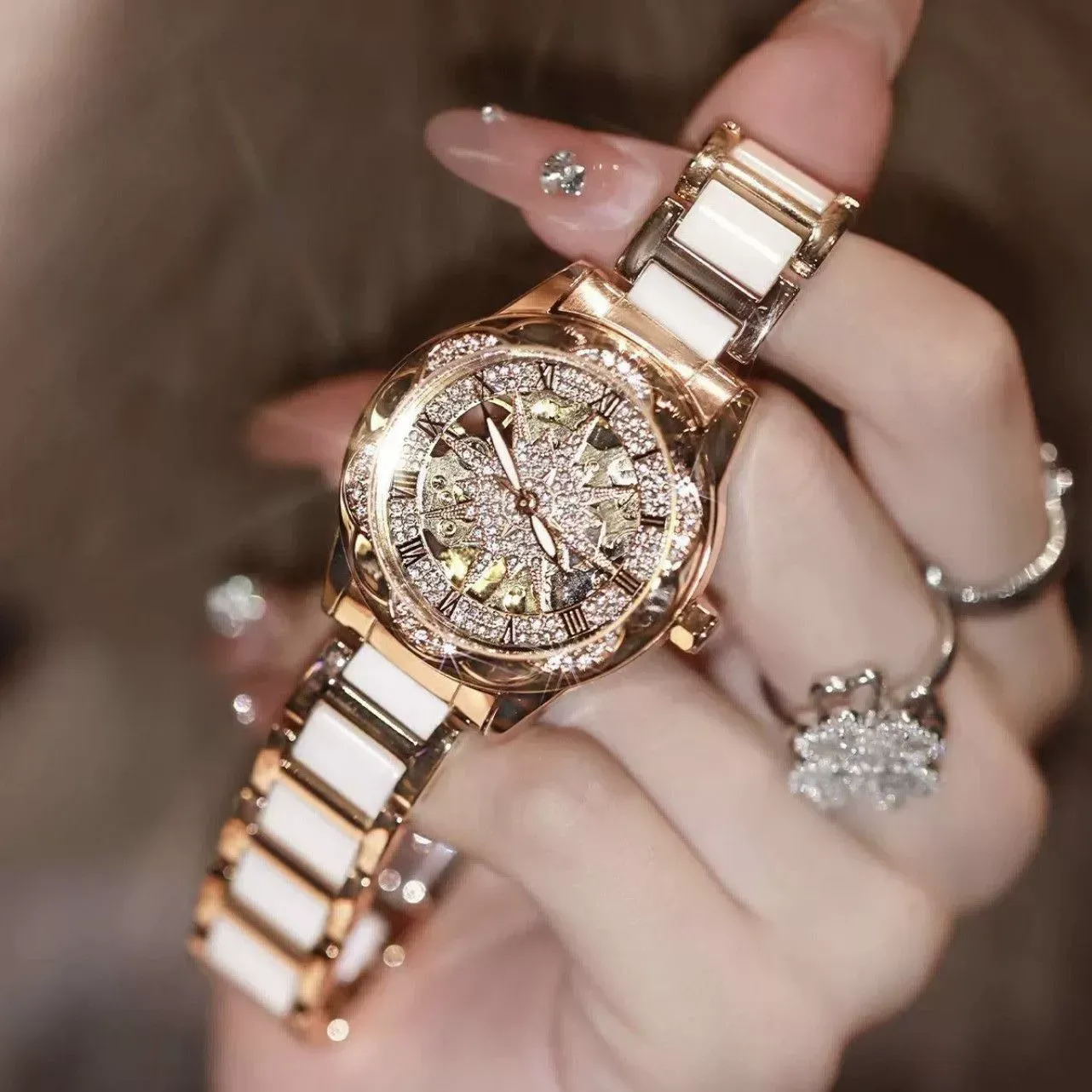 Hollow sunflower watch for women niche light luxury waterproof fully automatic mechanical style ceramic ladies watch