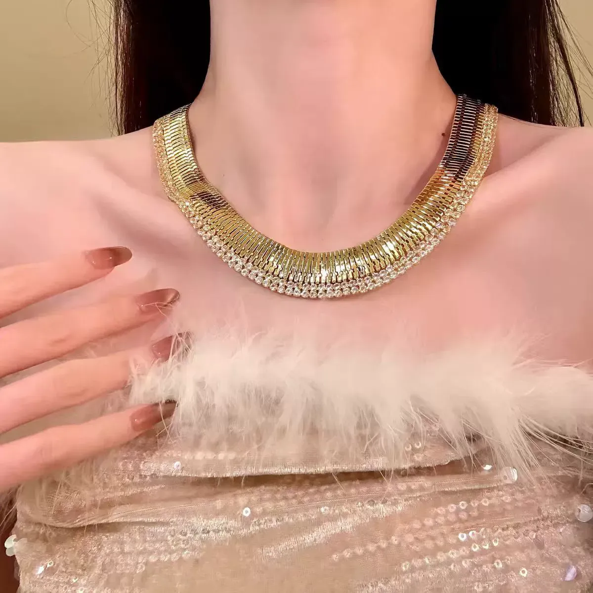 Vintage gold-plated diamond necklace, Greek style necklace for women