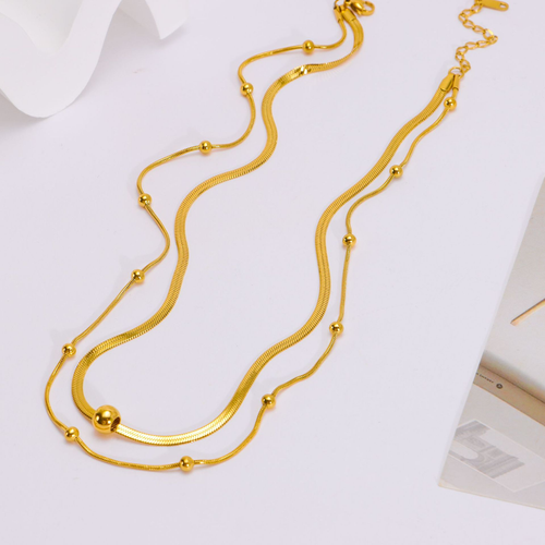 Fashionable gold-plated beaded chain titanium steel metal jewelry stacking necklace for women