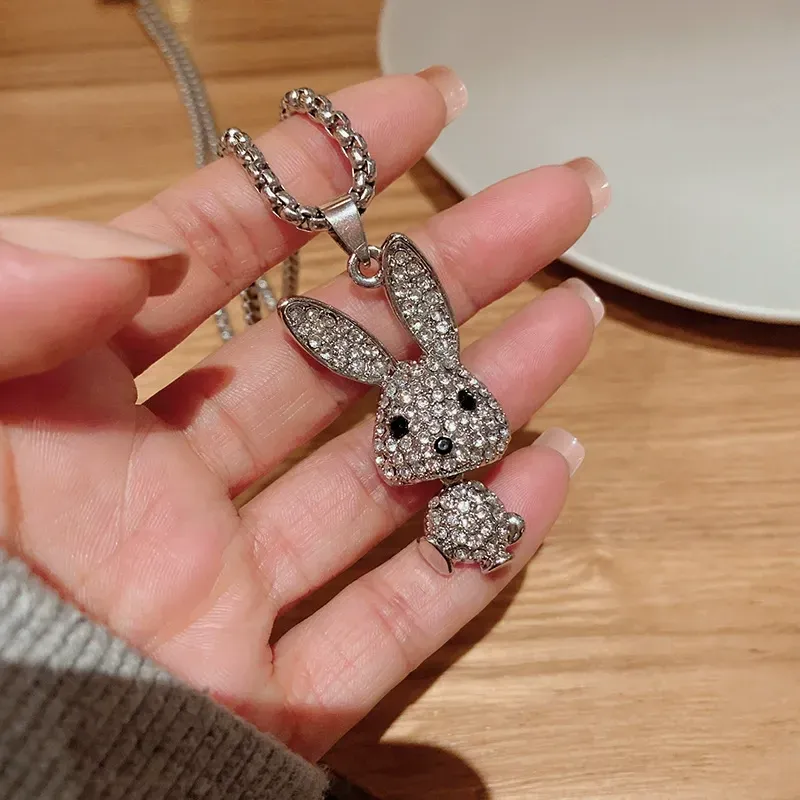 Women's long titanium steel necklace with rabbit pendant