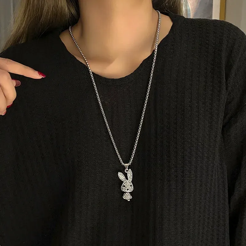 Women's long titanium steel necklace with rabbit pendant