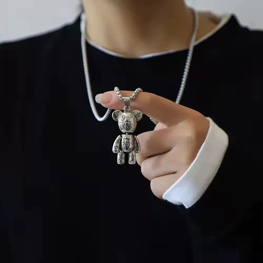 Movable bear titanium steel necklace hip-hop sweater chain for men and women