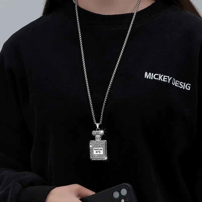 Women's diamond-studded perfume bottle necklace, fashionable and personalized sweater chain