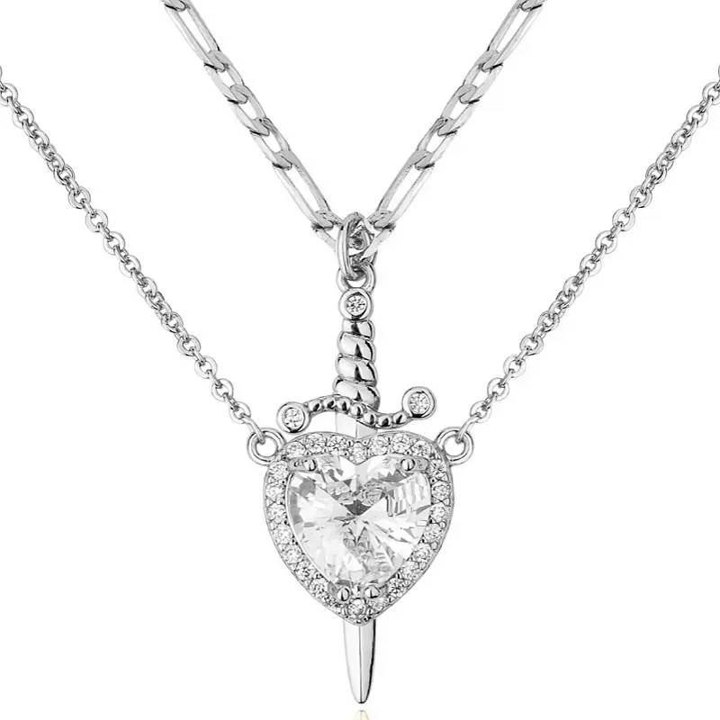 Hot selling love diamond sword-shaped necklace double layer crystal pendant necklace, couple style