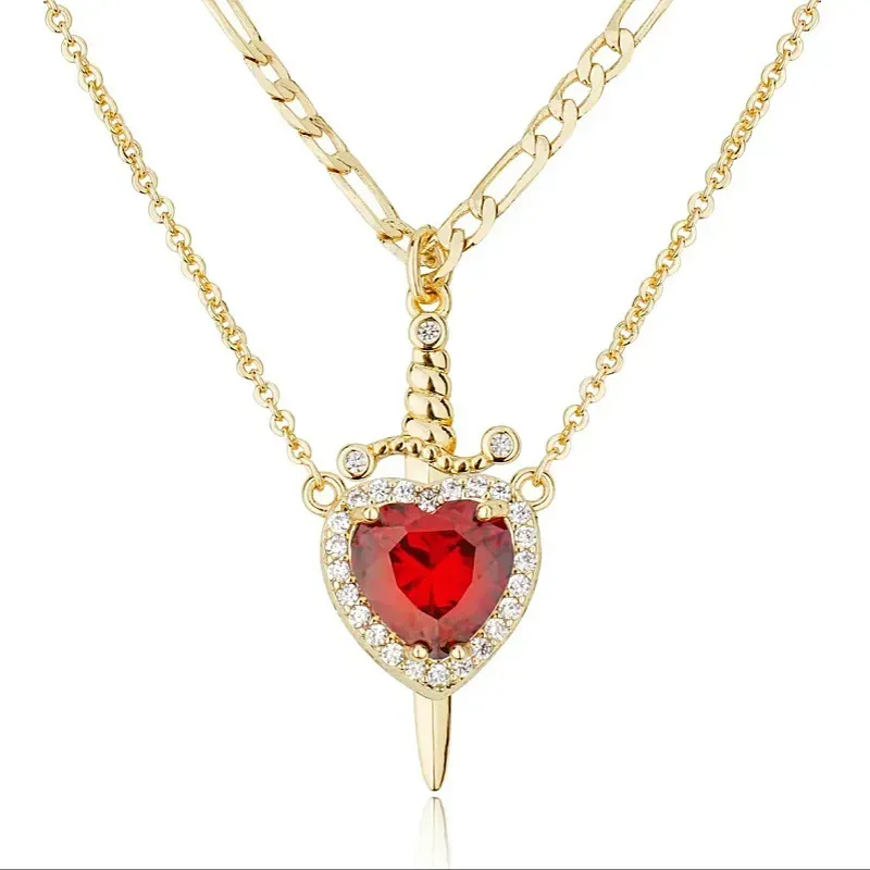 Hot selling love diamond sword-shaped necklace double layer crystal pendant necklace, couple style