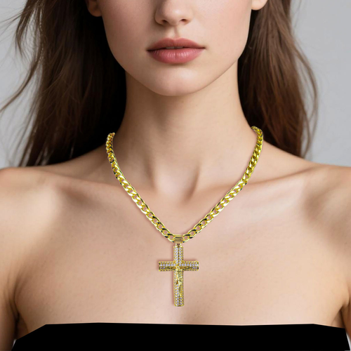Large Diamond Cross Gold-Plated Cuban Chain Necklace with Pendant Hip-Hop Fashion Jewelry