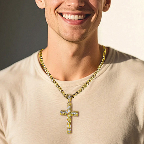 Large Diamond Cross Gold-Plated Cuban Chain Necklace with Pendant Hip-Hop Fashion Jewelry