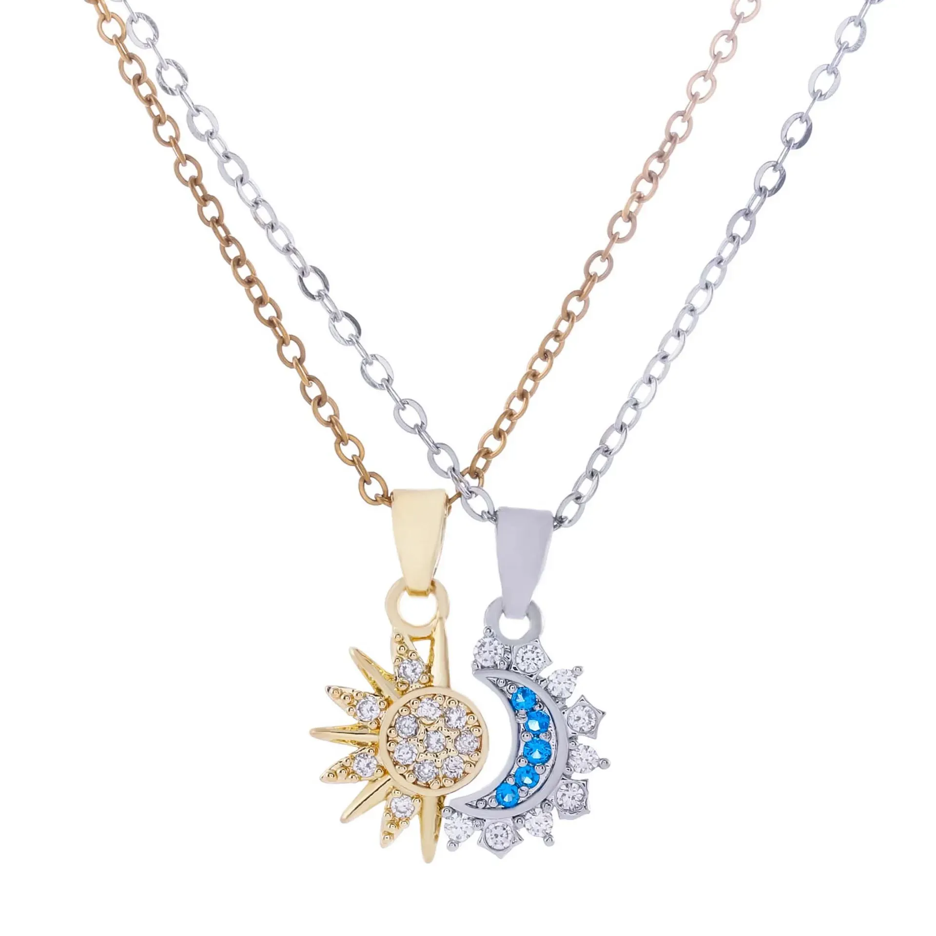 Popular Sun and Moon Necklace Set Two-Color Diamond Couple Clavicle Chain