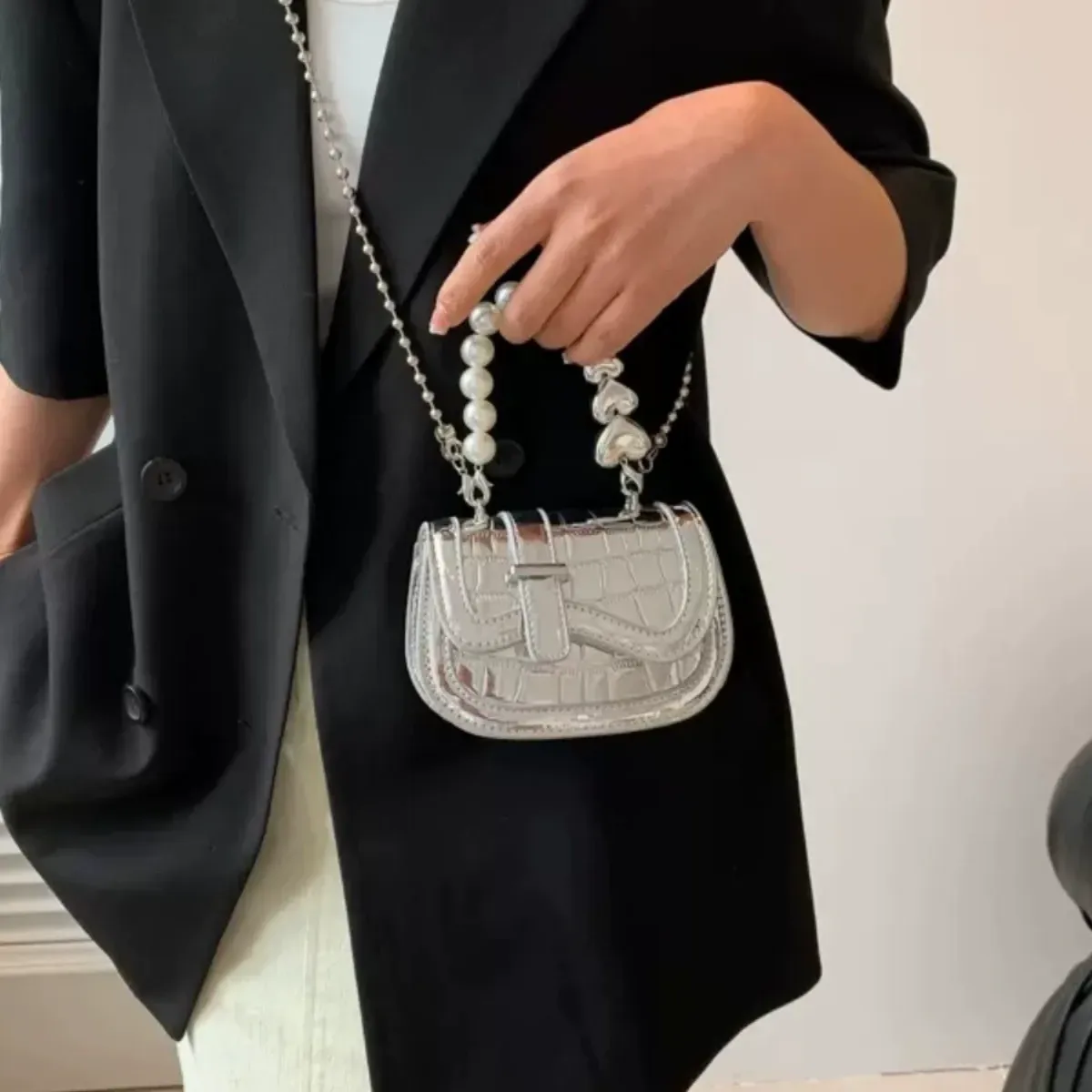 Pearl chain small bag women 2025 new fashion mini bag silver crossbody bag