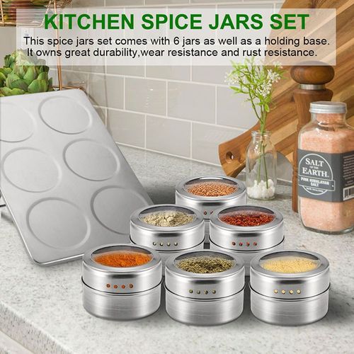 6pcs Magnetic Spice Jars Portable Stainless Steel Spice Jars Seasoning Can Storage Containers Set
