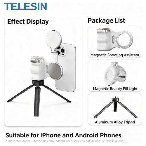 TELESIN Phone Camera Handle Grip with Wireless Shutter Remote,Fill Light,for iPhone Android Magnetic Phone Camera Grip Handle