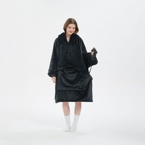 Classic Dark Grey Color Cozy Oversized Fluffy Sherpa Winter Warm Wearable Heated Electric Hoodie Blanket for Adults