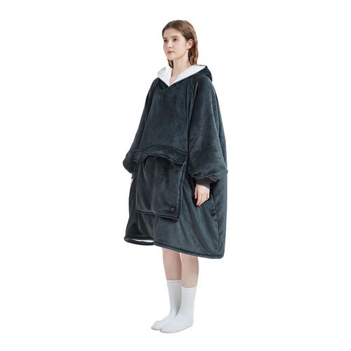 Classic Dark Grey Color Cozy Oversized Fluffy Sherpa Winter Warm Wearable Heated Electric Hoodie Blanket for Adults