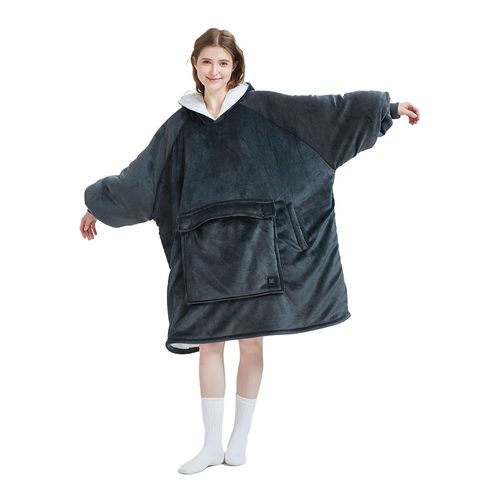 Classic Dark Grey Color Cozy Oversized Fluffy Sherpa Winter Warm Wearable Heated Electric Hoodie Blanket for Adults
