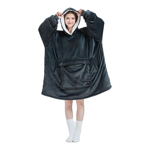 Classic Dark Grey Color Cozy Oversized Fluffy Sherpa Winter Warm Wearable Heated Electric Hoodie Blanket for Adults