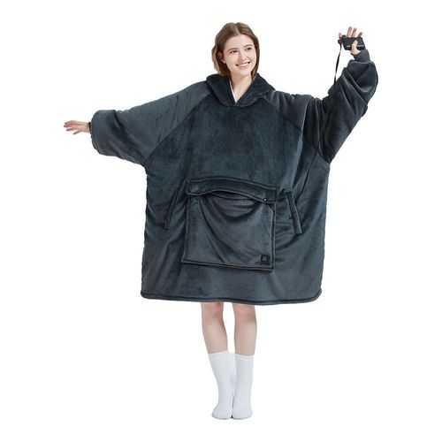 Classic Dark Grey Color Cozy Oversized Fluffy Sherpa Winter Warm Wearable Heated Electric Hoodie Blanket for Adults