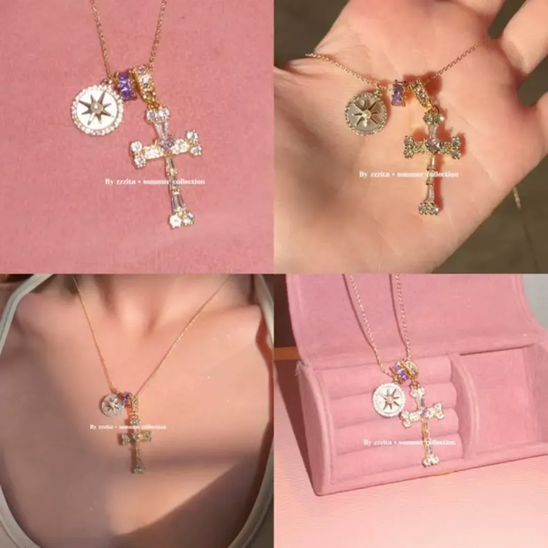 Fearless Heart Sweet and Cool Octagonal Clavicle Chain, Exquisite Purple and Pink Cross Necklace
