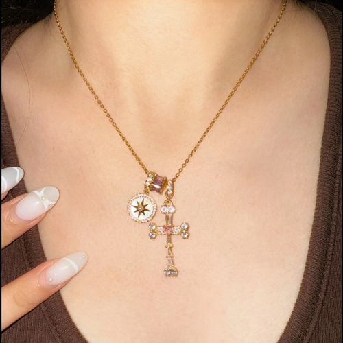 Fearless Heart Sweet and Cool Octagonal Clavicle Chain, Exquisite Purple and Pink Cross Necklace