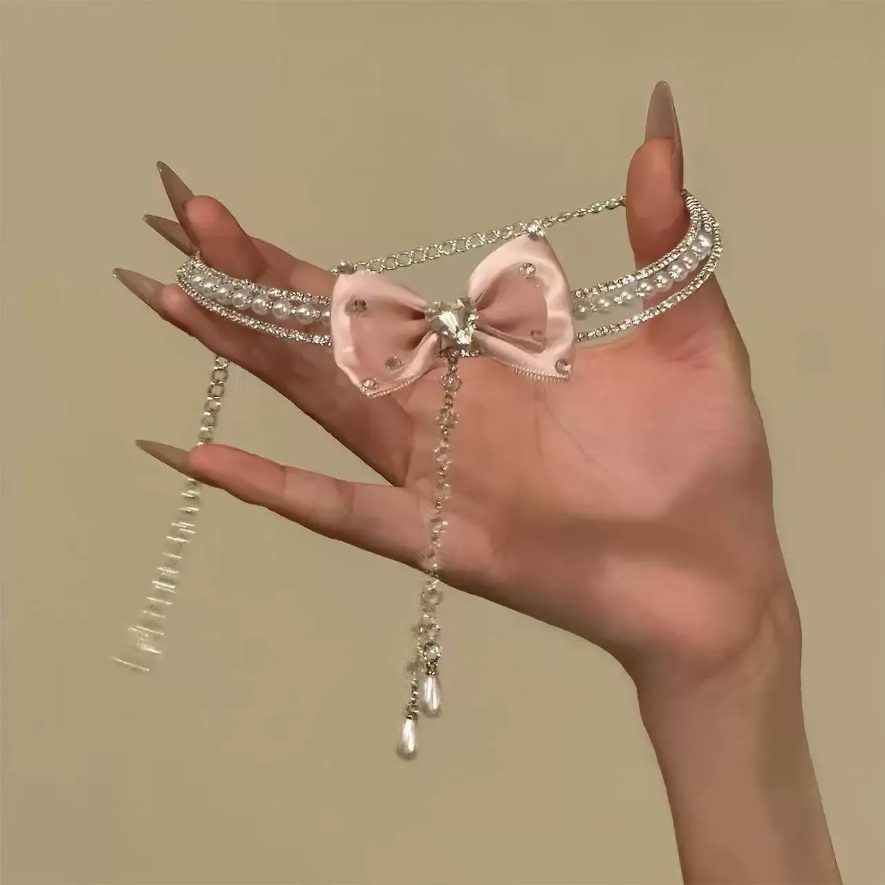 Super sweet pink bow tassel necklace