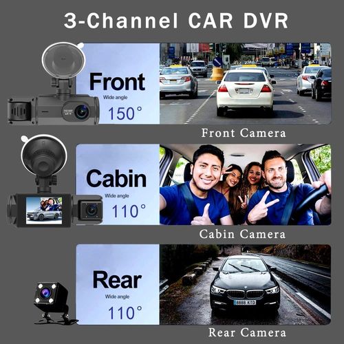 3 Channel Dash Cam Front and Inside 1080P Dash Camera for Cars with 32GB Card, HDR, G-Sensor, 24Hr Parking, Loop Recording