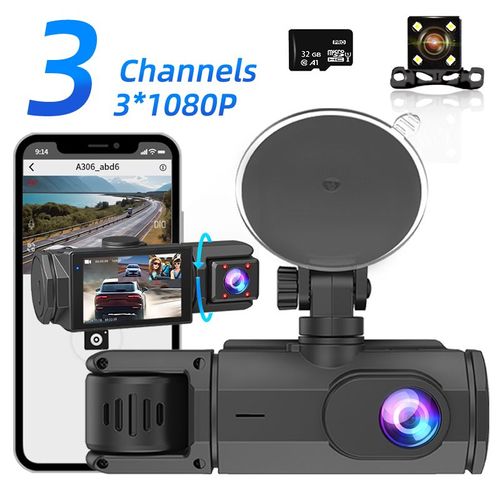 3 Channel Dash Cam Front and Inside 1080P Dash Camera for Cars with 32GB Card, HDR, G-Sensor, 24Hr Parking, Loop Recording