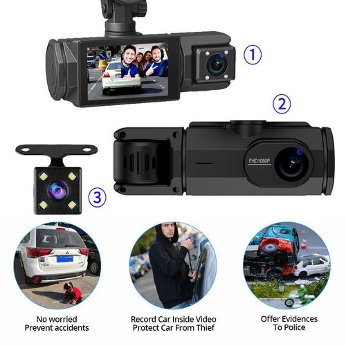 3 Channel Dash Cam Front and Inside 1080P Dash Camera for Cars with 32GB Card, HDR, G-Sensor, 24Hr Parking, Loop Recording
