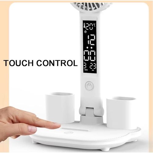 Double Head Rechargeable Dimmable Student Study Reading LED Table Lamp Calendar Date Touch Night Lights with Pen Holder Fan
