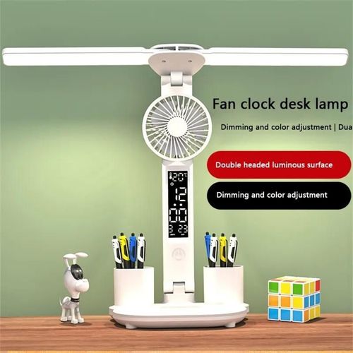 Double Head Rechargeable Dimmable Student Study Reading LED Table Lamp Calendar Date Touch Night Lights with Pen Holder Fan
