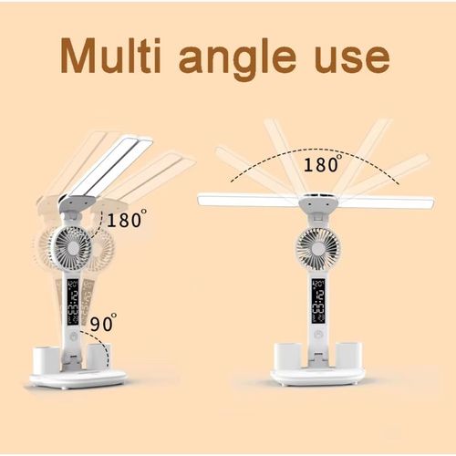 Double Head Rechargeable Dimmable Student Study Reading LED Table Lamp Calendar Date Touch Night Lights with Pen Holder Fan
