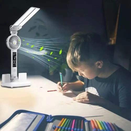 Double Head Rechargeable Dimmable Student Study Reading LED Table Lamp Calendar Date Touch Night Lights with Pen Holder Fan