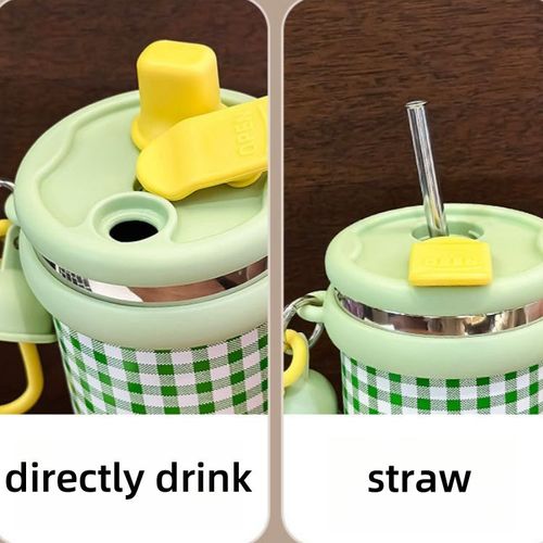 Insulated water bottle with straw, suitable for both hot and cold drinks, made of 304 stainless steel with handle.