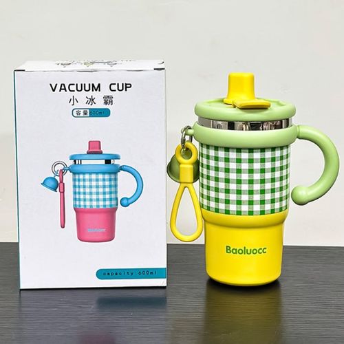 Insulated water bottle with straw, suitable for both hot and cold drinks, made of 304 stainless steel with handle.