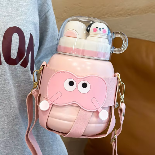 Large Capacity 900ml Stainless Steel Vacuum Insulated Water Bottle Cartoon Cute Design Leak-Proof BPA Free Strap Included for