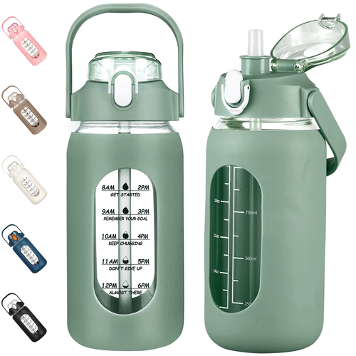Hot Selling 64oz BPA-Free High Borosilicate Glass Water Bottle Fitness Gym Sports Motivational Time Marker