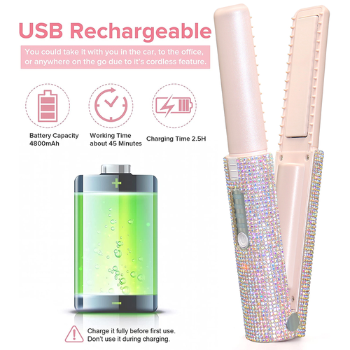 Best-Selling Mini Wireless Hair Straightener — Rechargeable, Portable USB Styling Tool | Dual-Use Straightener & Curler with Rhinestone Embellishments